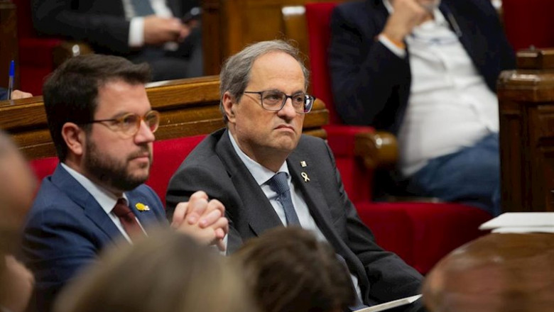 El presidente de la Generalitat, Quim Torra, y el vicepresidente, Pere Aragonès, en el pleno del Parlametn del 13 de novimebre de 2019. Foto de archivo | DAVID ZORRAKINO - EUROPA PRESS ep el presidente de la generalitat quim torra y el vicepresidente pere aragons en el pleno del