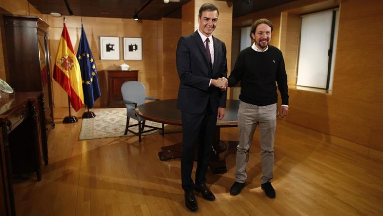 Pedro Sánchez y Pablo Iglesias en una reunión anterior | Eduardo Parra - Europa Press ep video sanchez e iglesias inicianencuentroun apretonmanos perointercambiar palabra