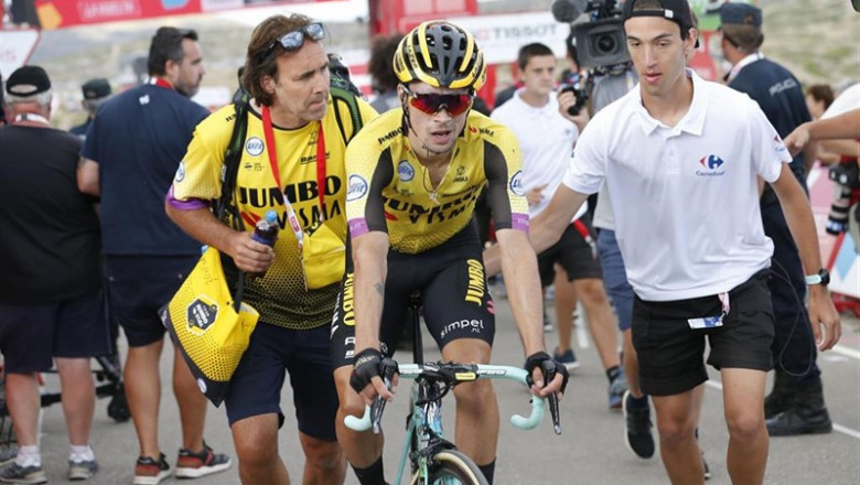 28 August 2019, Spain, Javalambre: Slovenian cyclist Primoz Roglic of Team Jumbo-Visma is seen after the end of the fifth stage of the 2019 edition of the "Vuelta a Espana" Tour of Spain cycling race, 170.7 km from L' Eliana to Observatorio Astrofisico de | Yuzuru Sunada/BELGA/dpa ep 28 august 2019 spain javalambre slovenian cyclist primoz roglic of team jumbo-visma is seen after