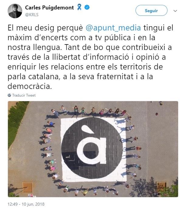Tuit de Carles Puigdemont sobre À Punt | TWITTER/@KRLS ep tuitcarles puigdemont sobre punt
