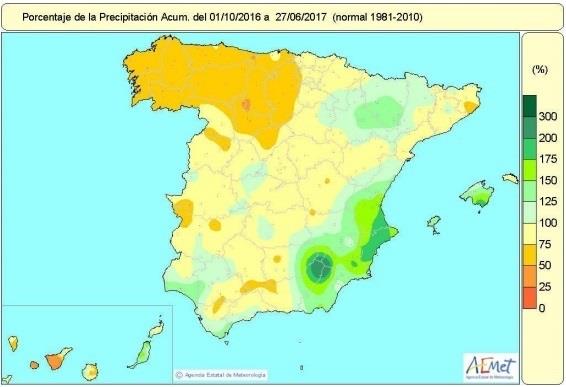 Distribución de las lluvias en España desde 1-oct-2016 a 27-junio-2017 | AEMET ep distribucionlas lluviasespana1-oct-201627-junio-2017