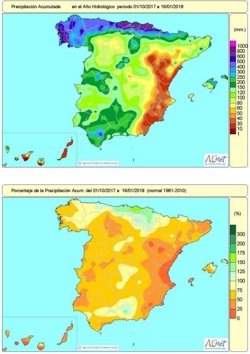 Precipitaciones acumuladas en España hasta el 16 de enero | AEMET ep precipitaciones acumuladasespana16enero