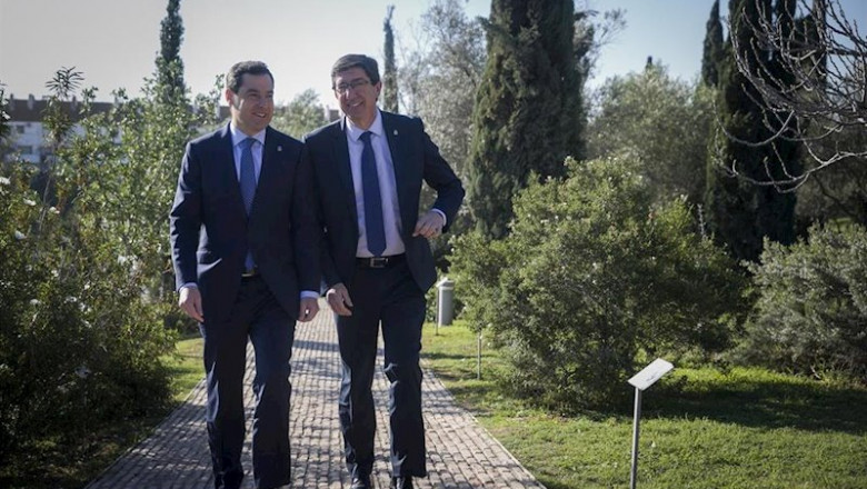 El presidente de la Junta de Andalucía, Juanma Moreno (i) junto al vicepresidente de la Junta de Andalucía, Juan Marín (d), preside la reunión semanal del Consejo de Gobierno en Coria del Río, (Sevilla, Andalucía, España), a 24 de febrero de 2020. | María José López - Europa Press ep el presidente de la junta de andalucia juanma moreno i junto al vicepresidente de la junta de