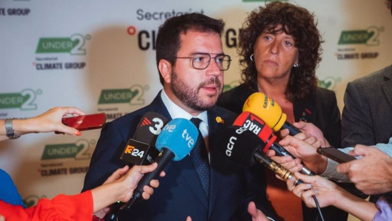 El presidente del Govern, Pere Aragonès, y la consellera de Acción Climática, Alimentación y Agenda Rural, Teresa Jordà, en declaraciones a los periodistas durante la Climate Week NYC en Nueva York (Estados Unidos). | GOVERN ep el presidente del govern pere aragons y la consellera de accion climatica alimentacion y agenda