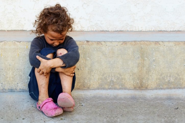 ep poor sad little child girl sitting against the concrete wall