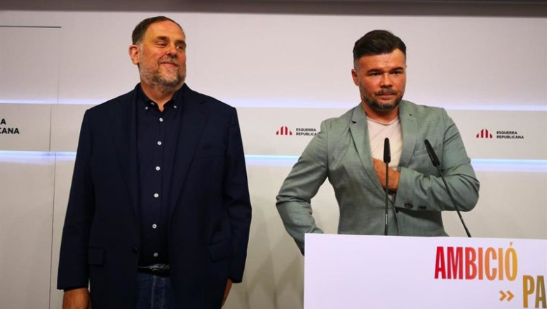 ep el lider de erc oriol junqueras y el portavoz del partido en el congreso gabriel rufian en rueda