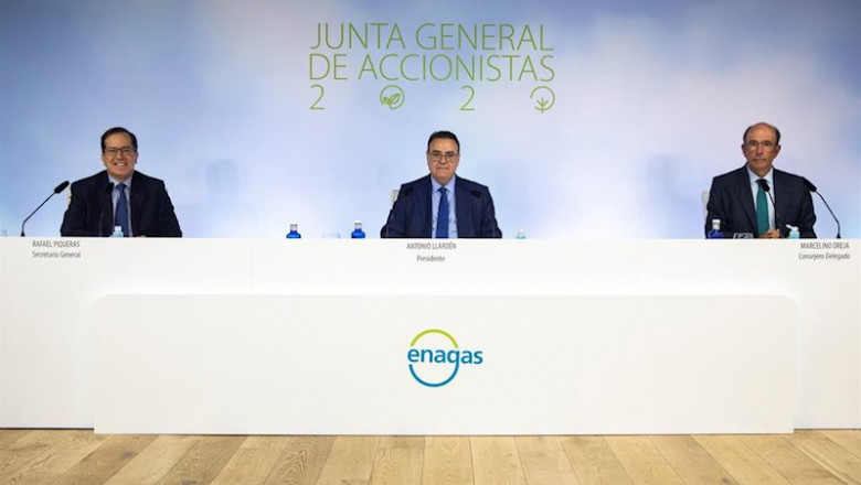 El presidente de Enagás, Antonio Llardén, y el consejero delegado, Marcelino Oreja, en la junta general de accionistas 2020 de la compañía | ENAGÁS ep el presidente de enagas antonio llarden y el consejero delegado marcelino oreja en la junta