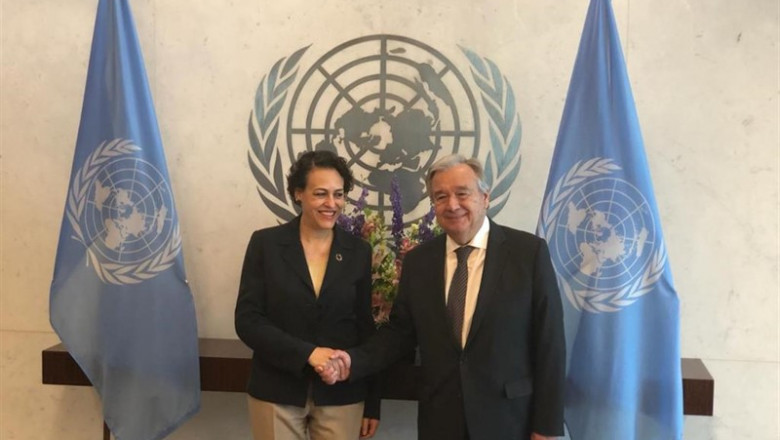 La ministra de Trabajo, Migraciones y Seguridad Social, Magdalena Valerio, en un encuentro con el secretario general de Naciones Unidas, Antonio Guterres. | MINISTERIO DE TRABAJO ep la ministratrabajo migracionesseguridad social magdalena valerio enencuentrosecretario generalnaciones unidas antonio guterres