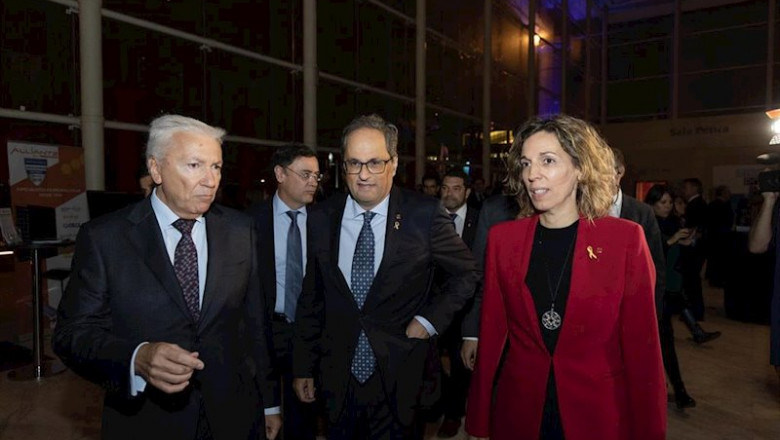 El presidente de Cecot, Antoni Abad, el presidente de la Generalitat, Quim Torra, y la consellera de Empresa y Conocimiento, Àngels Chacón | PAU VENTEO - EUROPA PRESS ep el presidente de cecot antoni abad el presidente de la generalitat quim torra y la consellera de