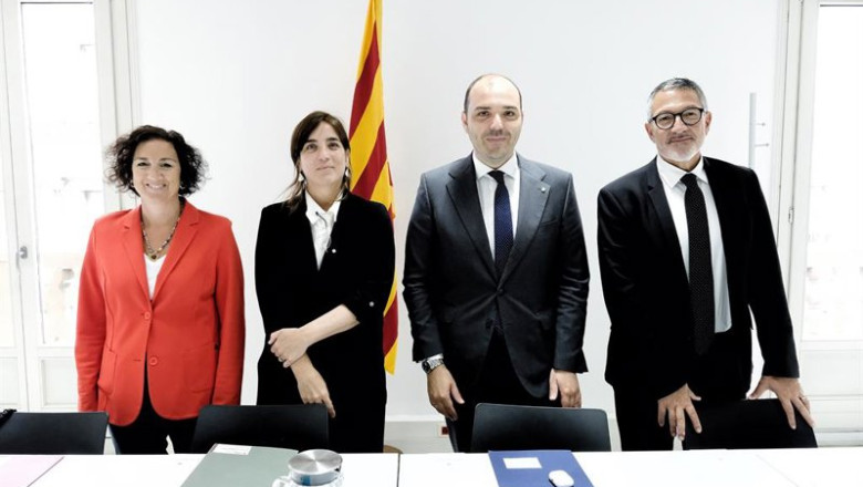 Los consellers de Presidencia, Albert Dalmau; de Economía y Finanzas, Alícia Romero; de Empresa y Trabajo, Miquel Sàmper, y de Investigación y Universidades, Núria Montserrat. | GENERALITAT DE CATALUNYA / ANDREU PUIGG ep los consellers de presidencia albert dalmau de economia y finanzas alicia romero de empresa y