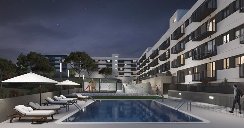 Piscina y zonas comunes de la promoción BtR que Aedas Homes promueve para Grupo Lar-Primonial en Valdemoro, Madrid | AEDAS HOMES ep piscina y zonas comunes de la promocion btr que aedas homes promueve para grupo lar primonial en