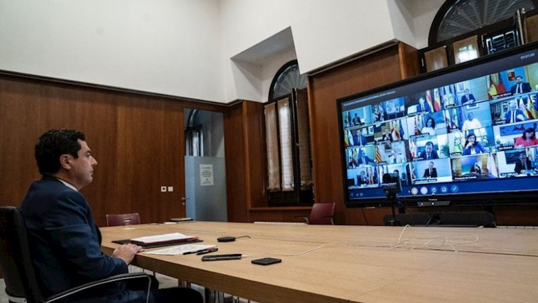 El presidente de la Junta de Andalucía, Juan Manuel Moreno Bonilla, se reúne con el presidente del Gobierno, Pedro Sánchez, en el marco de la videoconferencia del jefe del Ejecutivo con los presidentes autonómicos, a 31 de mayo de 2020. | TWITTER / @JUANMA_MORENO ep el presidente de la junta de andalucia juan manuel moreno bonilla se reune con el presidente del