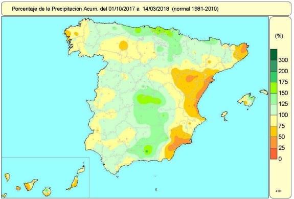 Mapa de lluvias acumuladas en España del 1 de octubre de 2017 al 14-3-2018 | AEMET ep mapalluvias acumuladasespana1octubre201714-3-2018
