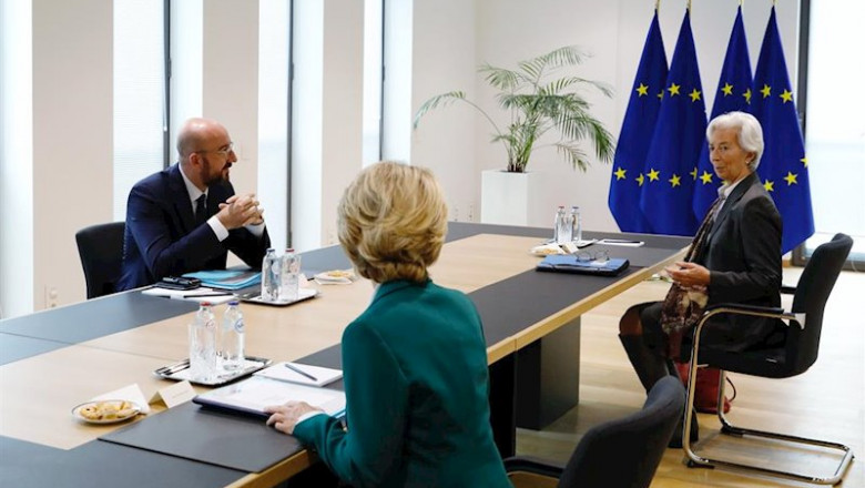 HANDOUT - 16 March 2020, Belgium, Brussles: Charles Michel, President of the European Council, Christine Lagarde, President of the European Central Bank, and Ursula von der Leyen, President of the European Commission hold a meeting. Photo: Dario Pignatell | Dario Pignatelli/EU Council/dpa ep handout - 16 march 2020 belgium brussles charles michel president of the european council