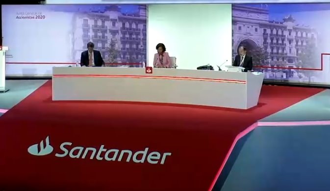 Junta general ordinaria de accionistas de Banco Santander, celebrada por primera vez en Madrid y retransmitida telemáticamente por el estado de alarma y la crisis del Covid-19. | EUROPA PRESS ep junta general ordinaria de accionistas de banco santander celebrada por primera vez en madrid y 20200403133609