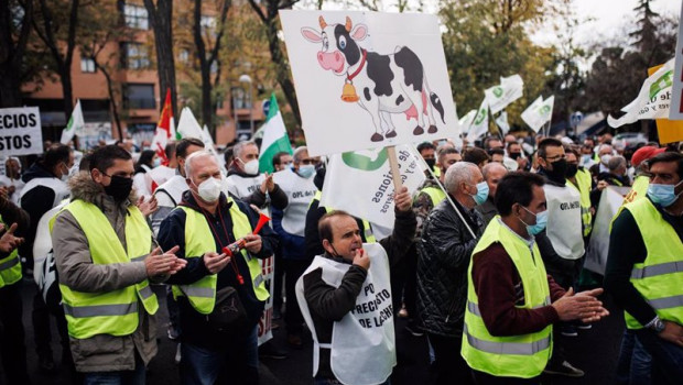 ep un grupo de personas participa con pancartas en una concentracion de ganaderos del sector lacteo