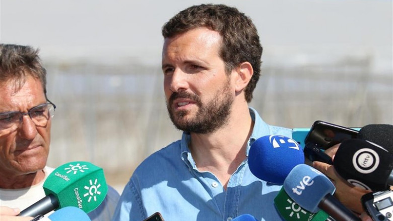 El presidente nacional del PP, Pablo Casado, atiende a los medios después de la visita a las zonas de invernaderos afectadas por las riadas en Almería. | Rafael González - Europa Press ep el presidente nacional del pp pablo casado atiende a los medios despues de la visita a las zonas
