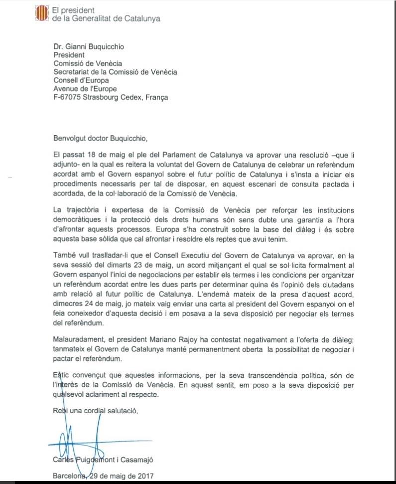 Carta del pte. Carles Puigdemont a la Comisión de Venecia sobre un referéndum | GENERALITAT DE CATALUNYA ep cartapte carles puigdemontla comisionveneciaun referendum