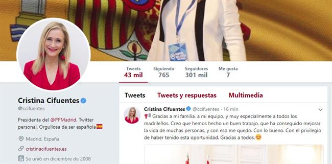 Cifuentes elimina de su perfil de Twitter el cargo de la presidenta | EUROPA PRESS ep cifuentes eliminasu perfiltwittercargola presidenta