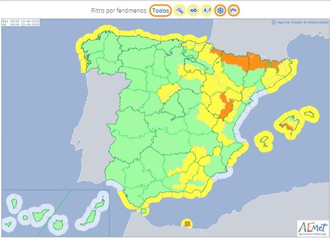 Mapa de riesgos meteorológicos previstos para el 11 de abril en España | AEMET ep mapariesgos meteorologicos previstos11abrilespana