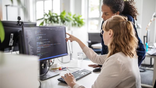 coworkers discussing computer program in office