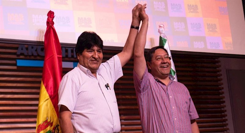 ep el ex presidente boliviano evo morales y el candidato presidencial del mas luis arce