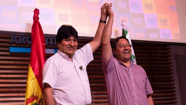 ep el ex presidente boliviano evo morales y el candidato presidencial del mas luis arce