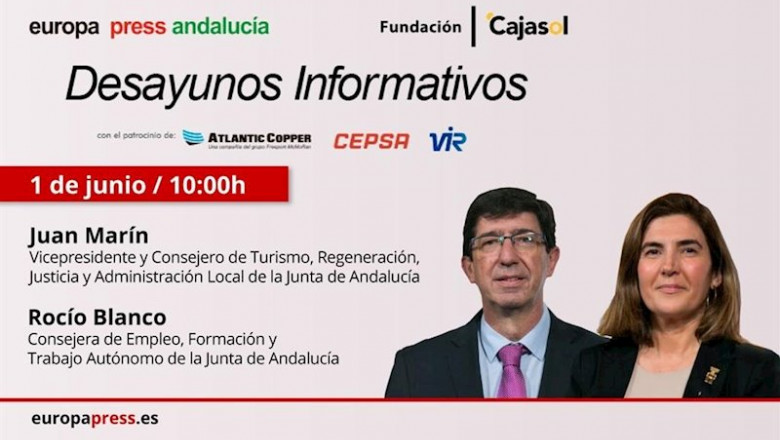 Anuncio del desayuno informativo de Europa Press Andalucía en Sevilla con el vicepresidente de la Junta, Juan Marín, presentado por la consejera de Empleo, Rocío Blanco. | EUROPA PRESS ep anuncio del desayuno informativo de europa press andalucia en sevilla con el vicepresidente de la
