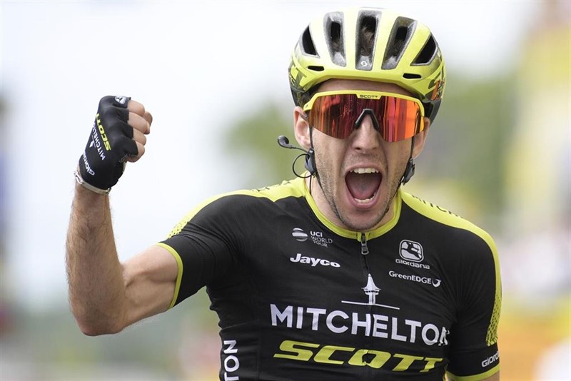 ep 18 july 2019 france bagneres-de-bigorre britain cyclist simon yates of mitchelton - scott celebrates winning the twelveth stage of the 106th edition of the tourfrance cycling race 2095 km from toulouse to bagneres-de-bigorre photo yorick jansen