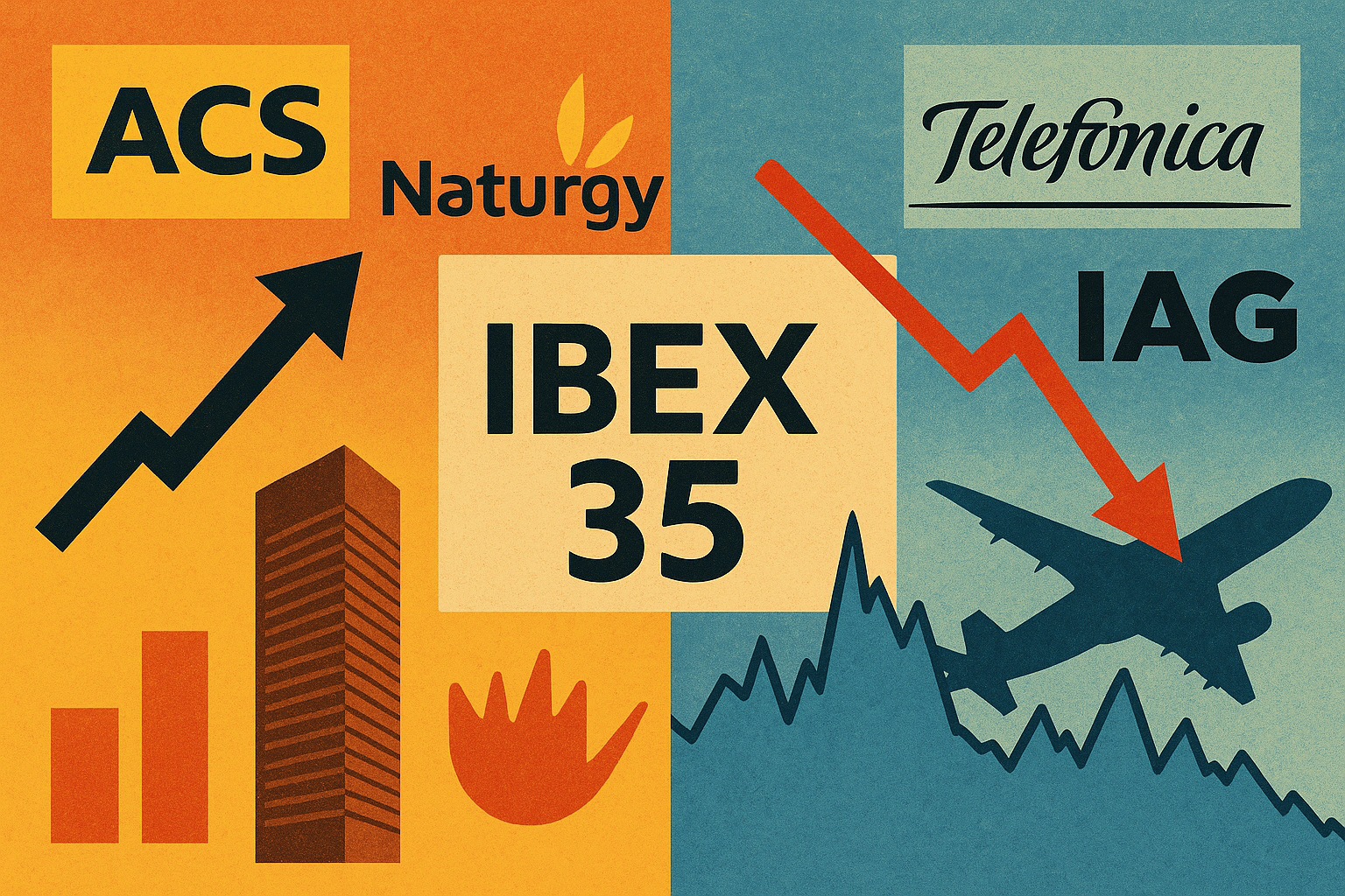 Semana bipolar en el Ibex: ACS y Naturgy despuntan; Telefónica e IAG se derrumban
