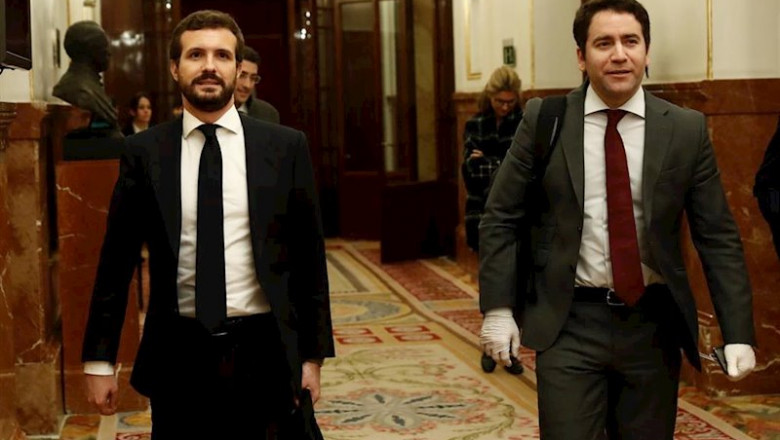 ep el presidente del pp pablo casado y el secretario general teodoro garcia egea abandonan el