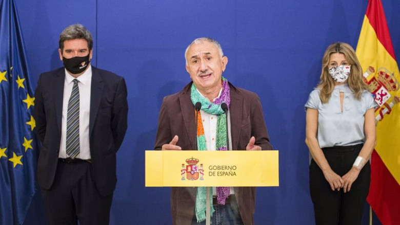 El secretario general de UGT, Pepe Álvarez, interviene durante la firma del V Acuerdo Social en Defensa del Empleo, a 27 de mayo de 2021, en el Ministerio de Trabajo y Economía Social, Madrid, (España). La firma de este acuerdo, entre el Gobierno y agente | Alejandro Martínez Vélez - Europa Press ep el secretario general de ugt pepe alvarez interviene durante la firma del v acuerdo social en